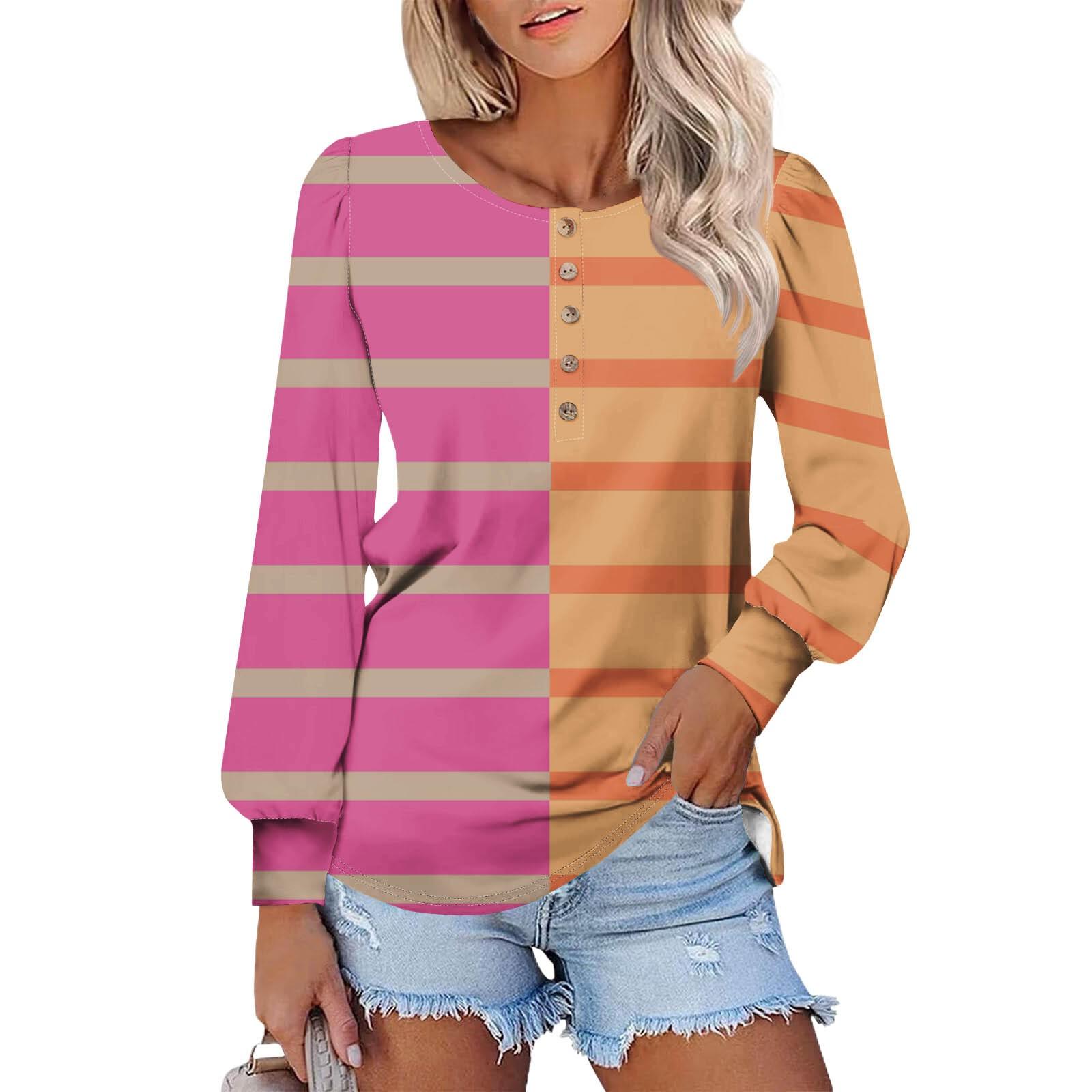 

Женские футболки с длинным рукавом и круглым вырезом, полосатые принты, рубашки с рукавами-фонариками, блузки на пуговицах, топы L винный