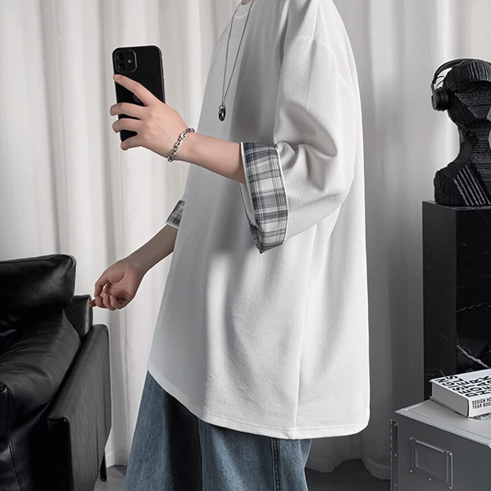 Sommar stor stor lös rund rygg [foveitaa] kläder, herr t-shirts, 3/4 ärmar, enfärgad, storlek, silhuett, sommar, passform, krage, mjuk, bekväm,