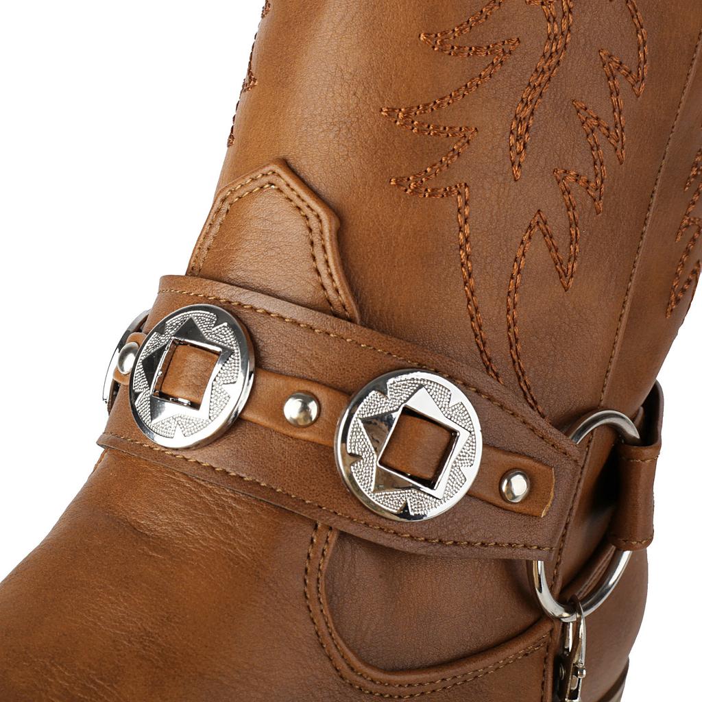 Embroidery Western Boots Women's Mid Calf Cowboy Boots Belt Buckle Chain Decor Shoes Comfy Med Heels Footwear
