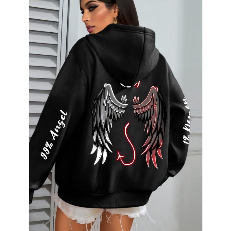 Übergröße Engels- und Dämonen-Print Hoodie, Lässiges Langarm-Kapuzensweatshirt mit Tasche für Winter & Herbst, Entwickelt für Damen
