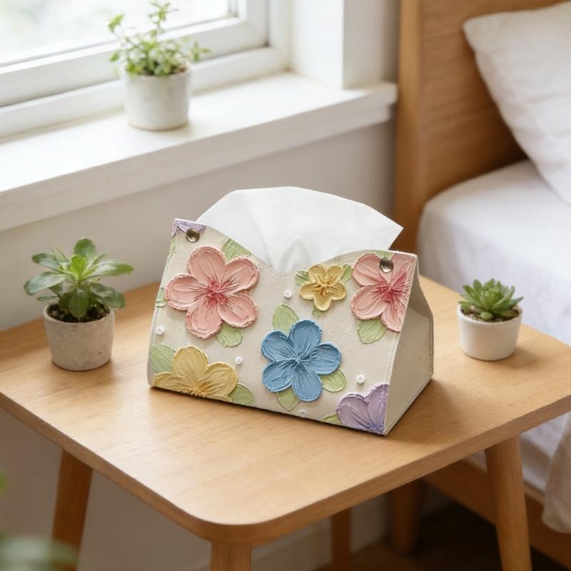 Artistic Colorful Flower Pattern Leather Tissue Holder Portable Napkin Dispenser Perfect For Home And Office Use
