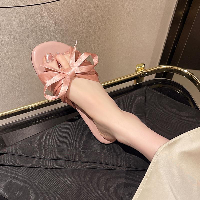 Fashion Women's Fashion Flat Slippers Summer New Round Head Open Toe Fabric Butterfly Knot Anti-slip Wear-resistant Sandals