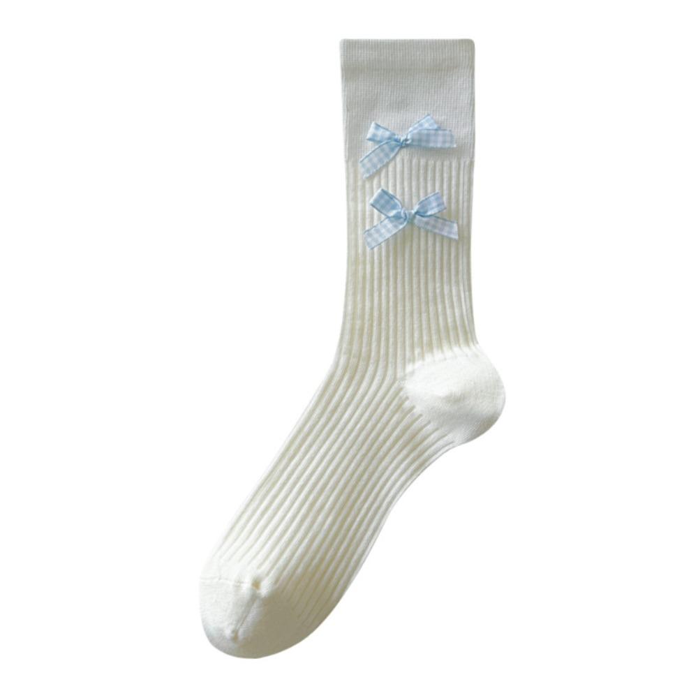 Ballet Style Solid Color Bow Mid Tube Socks Summer Cotton Lightweight Breathable Fashionable Soft Comfortable Casual Women Socks