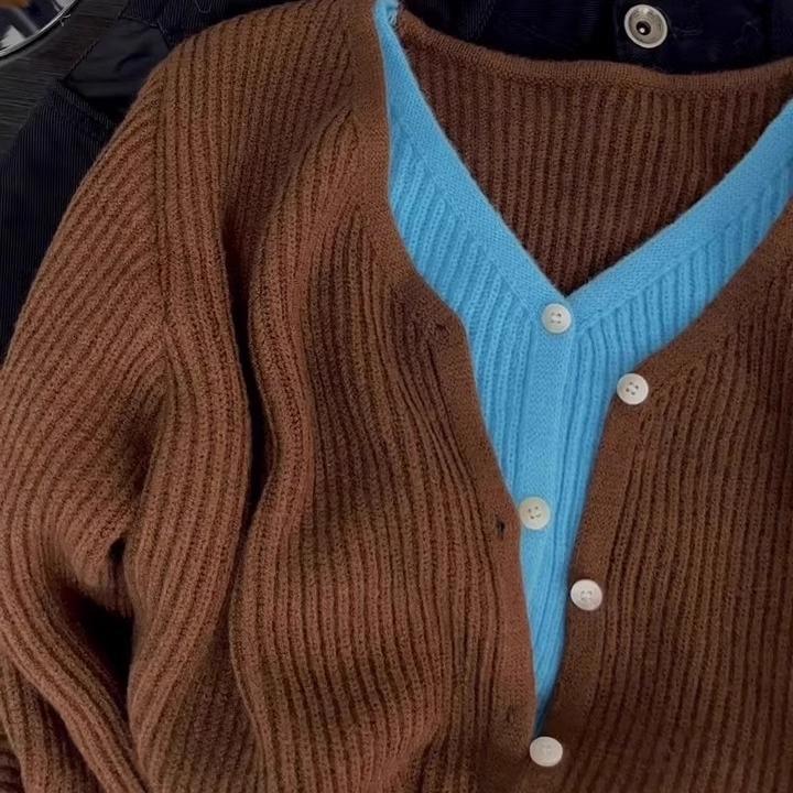 Korean Style Knit V-Neck Color Block Cardigan Sweater for Women - Autumn Wear