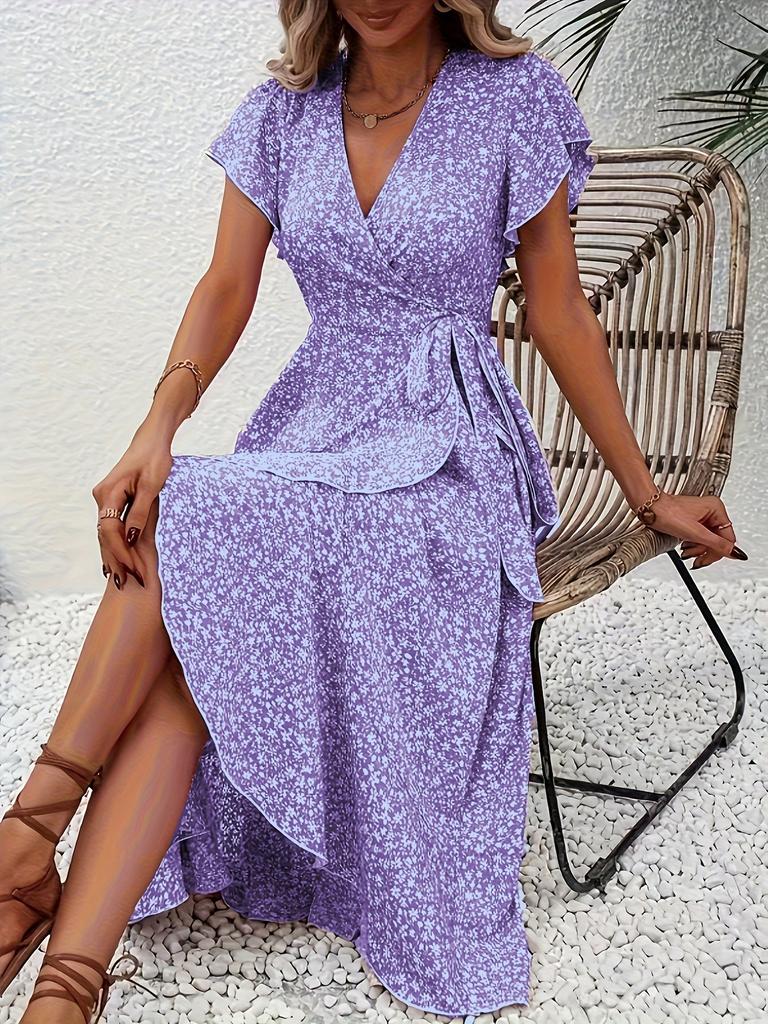 Women's Pink Floral V-Neck Short Sleeve Dress with Bow Tie and Side Slit