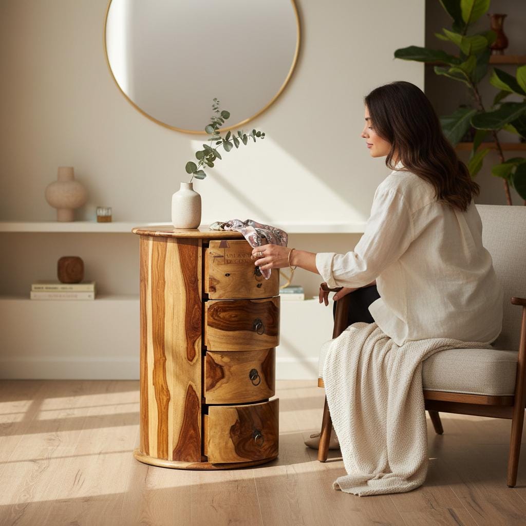 Wooden Round Nightstand | Solid Wood 3-Drawer Side Table, Wooden Chest of Drawer-Storage Desk Solid Wood Cupboard | Unique Drawer Dressers