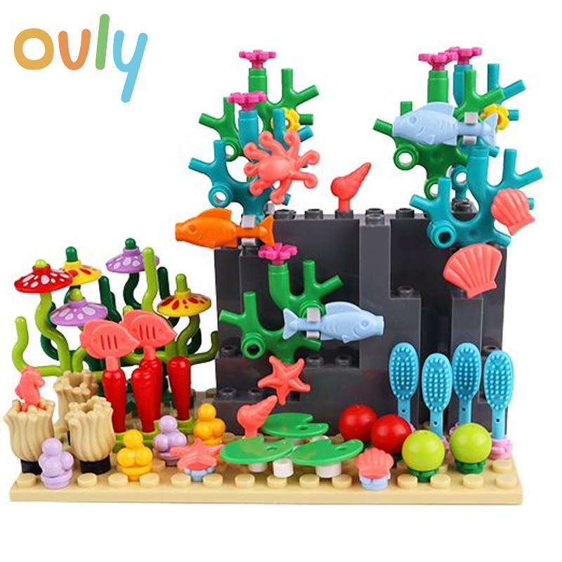 Ovly DIY Kreative Unterwasser Welt Abenteuer Hai Teufel Fisch Ozeane Tier Pflanze Aquarium Display Kleine Partikel Bausteine Set für MOC