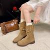Comemore Suede Western Stacked Boots Women Chunky Heeled Mid-calf Boots Women Spring Autumn Shoes Solid Retro Botas