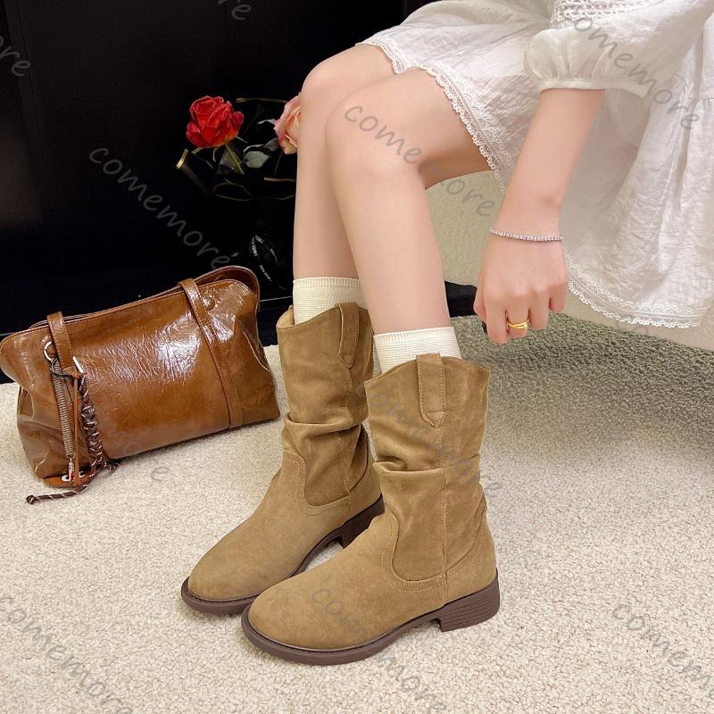 Comemore Suede Western Stacked Boots Women Chunky Heeled Mid-calf Boots Women Spring Autumn Shoes Solid Retro Botas