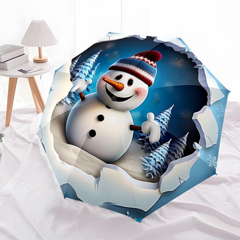 1pc Snowman Winter Scene Automatic Folding Umbrella, 8 Ribs Iron Frame, Suitable for Outdoor Travel and Daily Use Yy251120254