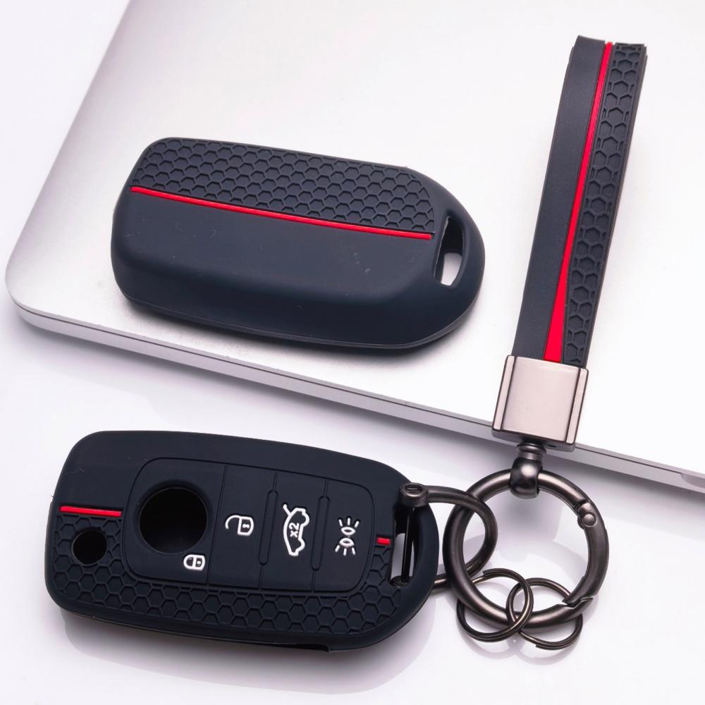 Silicone Key Fob Cover with Keychain for 4-button Flip Remote, Anti-Scratch & Anti-Drop Protective Case for Jeep Renegade Compass for Fiat 500X Toro
