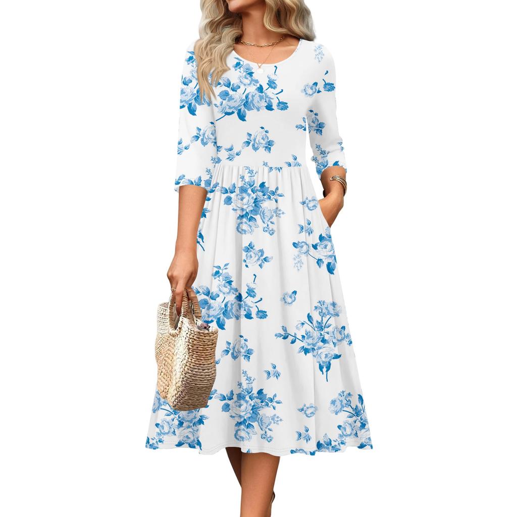 Rochie de damă cu mâneci 3/4, casual, fluidă, în A, midi, tip tricou, cu buzunare, cu gât rotund, pentru vacanță, boho, de plajă, de vară