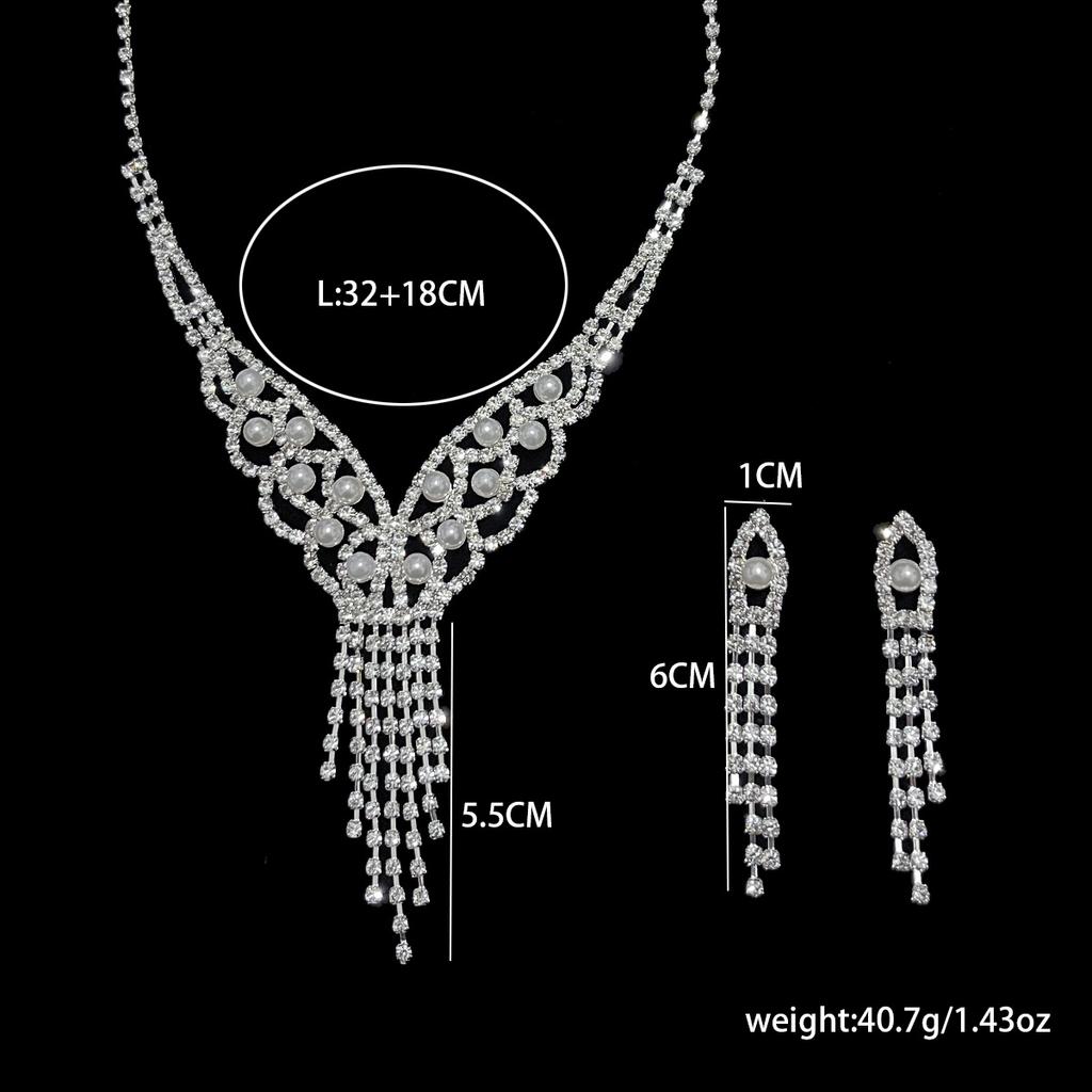 European and American Fashion Claw Chain Water Diamond Imitation Pearl Fringed Collarbone Wedding Dress Butterfly Jewelry Necklace Earrings Set