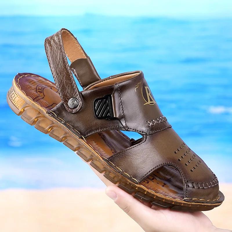 FashionSummer Leather Retro Hollow Beef Tendon Sole Outdoor Beach Men's Sandals Designer New Casual Soft Sole Indoor Man Slippers