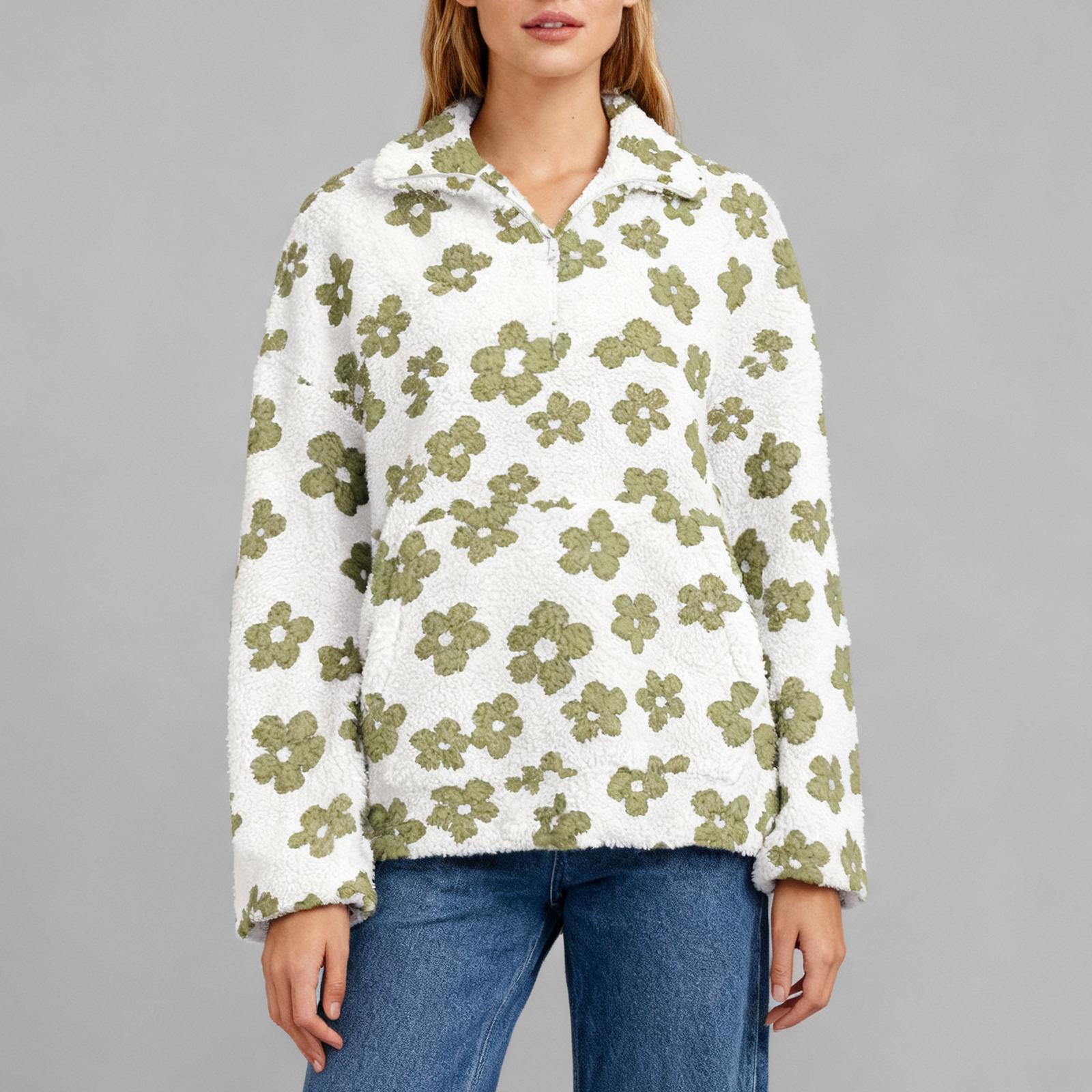 

Women s Fashion Round Neck Long Sleeve Cute Flower Loose Zippered Pocket Warm Hooded Sweatshirt Top M зелений