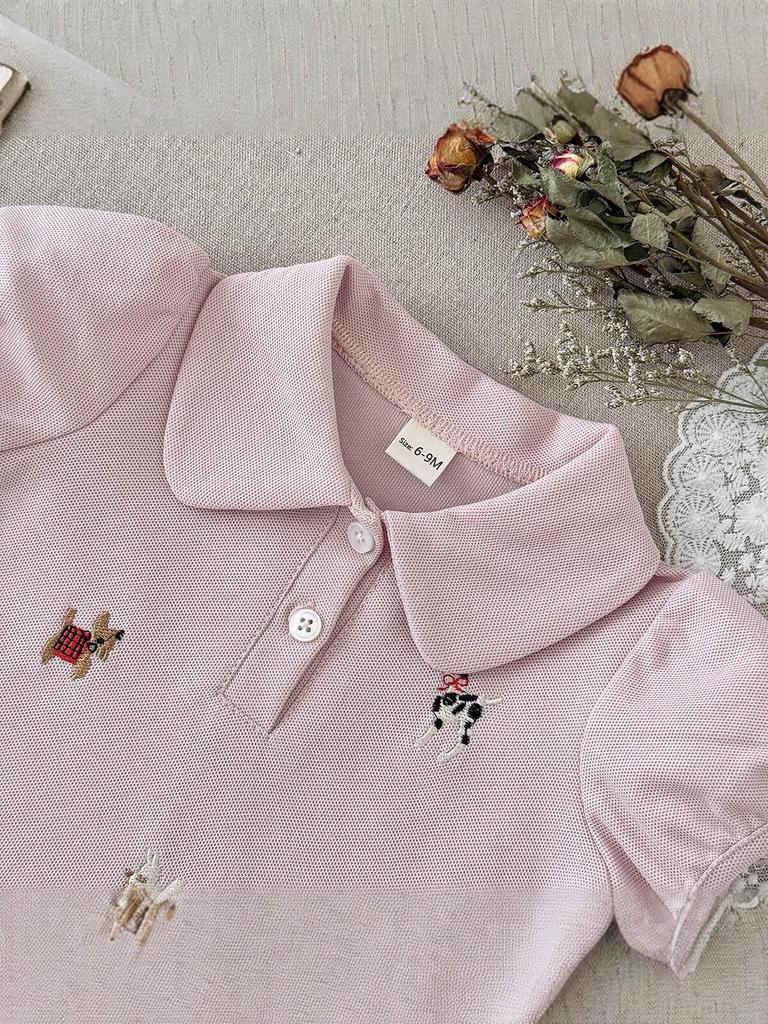 Girls' Pink Embroidered Polo Shirt & Skirt Set – Cute Cartoon Korean-Style Summer Outfit