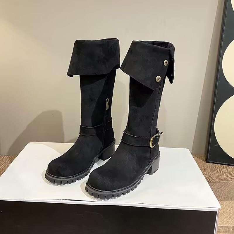 

Soft Leather Edition~ Maillard Frosted High Heel Western Boots Women s Two Wear High Boots Retro Belt Buckle Coarse Heel Knight Boots 40 чёрный