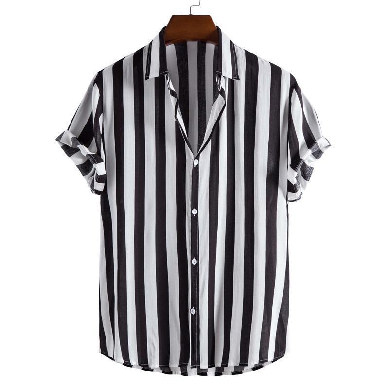 2024 Men's Hong Kong Style Striped Contrast Color Lapel Shirt - Loose, Short-Sleeved, Single-Breasted, Summer Fashion