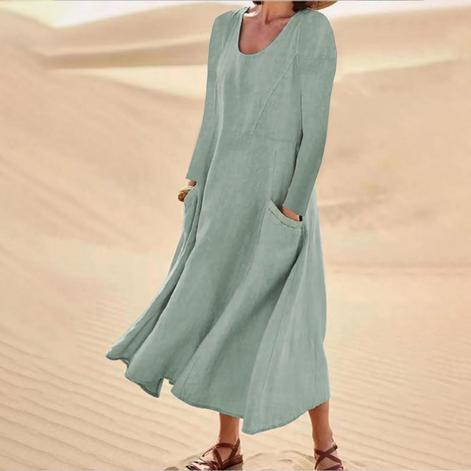 

Ladies Fashion Color Round Neck Pocket Long Sleeve Cotton Linen Loose Dress XL