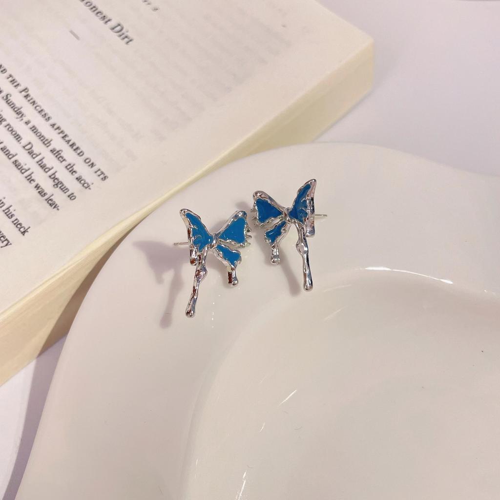 S925 Silver Needle Retro Style Irregular Blue Love Stud Earrings High Sense Trendy Earrings Contrasting Color Personalized Earrings