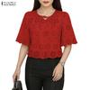 ZANZEA Women Casual Round Neck Lace Crochet Patchwork Half Sleeve Blouse