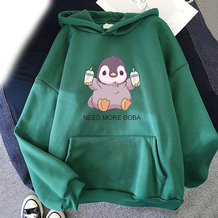 Cute Penguin Boba Tea Print Hoodies Unisex Women Streetwear Hoodie Oversized Hooded Sweatshirts Pullover Unisex Tracksuit Clothing