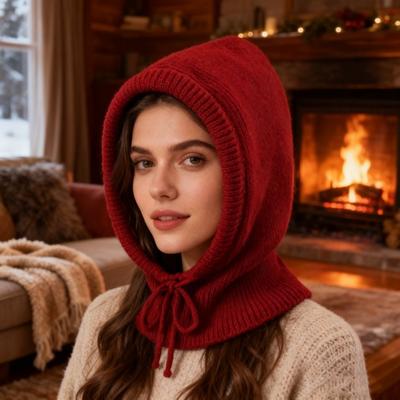 Knitting Hat Scarf Set Solid Color Adjustable Drawstring Scarf Hat Women Winter Warm Windproof Elastic Thermal Hat