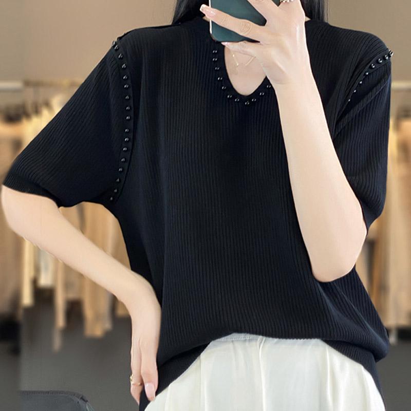 Women Sweaters Pullovers 2025 Summer Short Sleeve O-Neck Black Knitted Sweater Women Tops Pullover JJ175