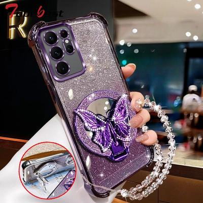 Glitter Butterfly Mirror Crystal Bracelet Case for Samsung Galaxy Note 20 Ultra 10 Plus Shockproof Painting Cover