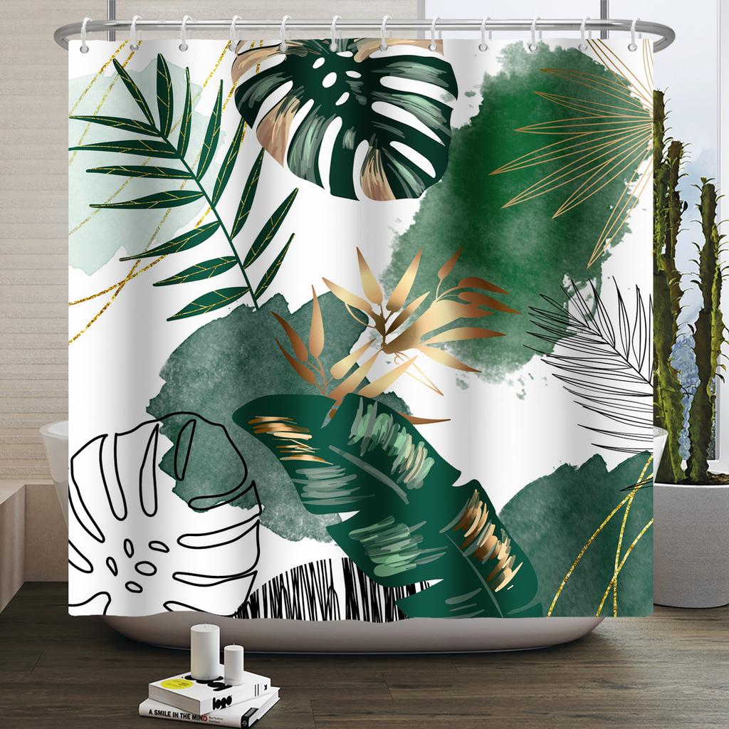 Mid Century Abstract Boho Shower Curtain Green Leaf Plant Modern Arch Sun Minimalist Nordic Waterproof Bathroom Bath Curtain