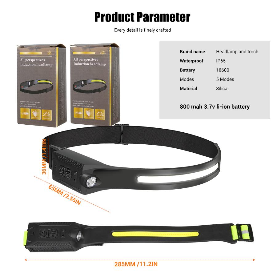 Sensor Headlamp LED Head Flashlight Rechargeable Headlight Head Torch Built-in Battery 5 Lighting Modes Fishing Camping Lantern