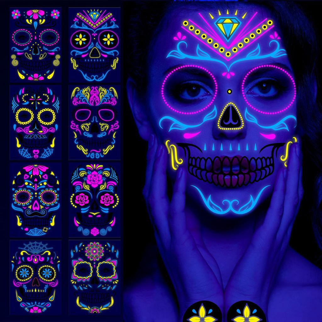 Halloween Fluorescent Stickers Funny Arm Ghost Face Waterproof Tattoo Stickers Women Men Party Supplies Masquerade Cosplay Props