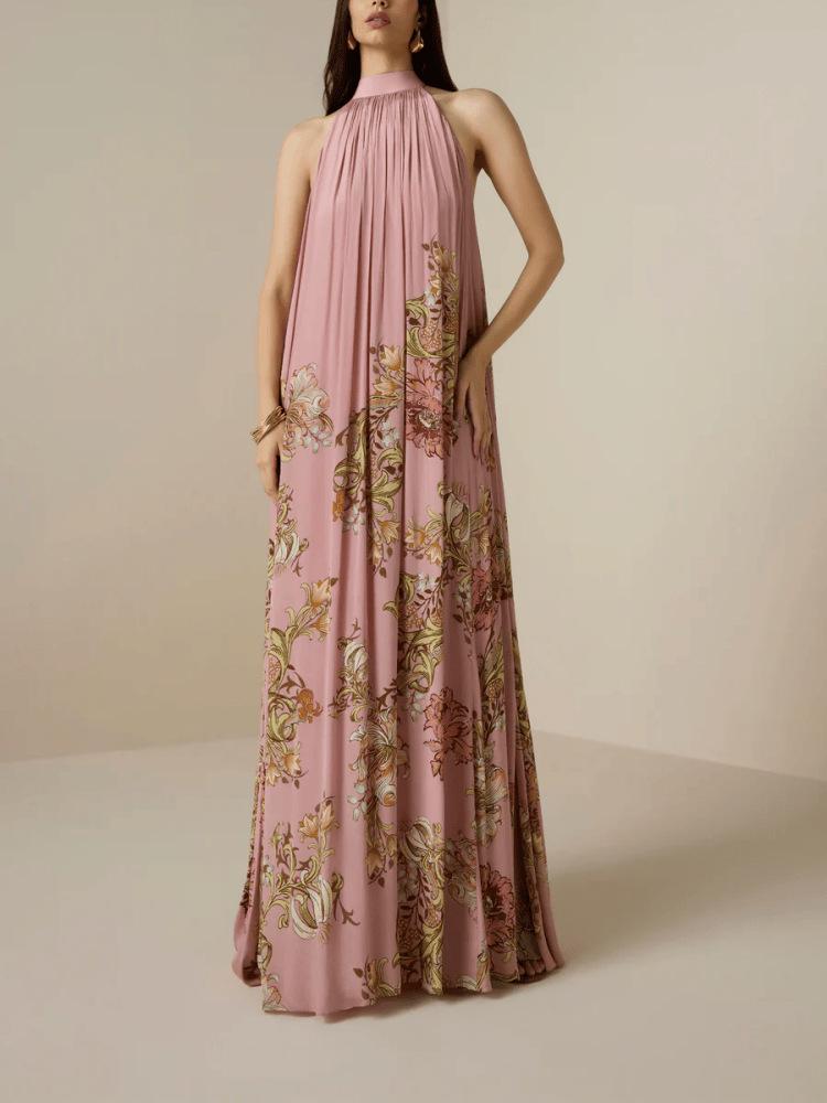 Elegant European and American High Neck Tie-up Print Loose Holiday Dress