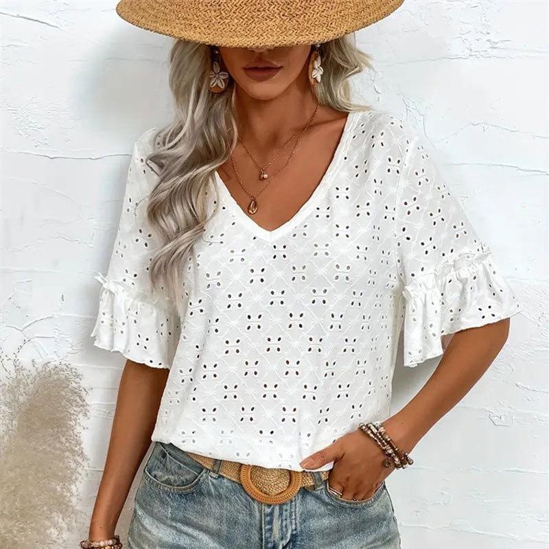 Women's Knitted Embroidered Hollow Ruffle V-neck Short-sleeved Tops Women's T-shirts Women's Spring and Autumn