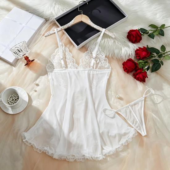 Plus Size Sexy Babydoll Nightdress for Women, V Neck Lace Sheer Mesh Nightgown, Spaghetti Strap Chemise Slip Dress with Thong
