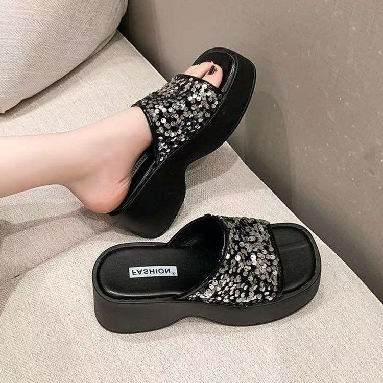 Thick Bottom Slope Heel Cool Slippers Women's Summer Wear 2025 New Super Fire Sequins High-end Feeling with Skirt Beach One-word Drag