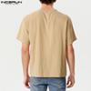 INCERUN Vintage Mens Summer Short Sleeve Lace Up Neck Solid Color Casual T-shirts Tops