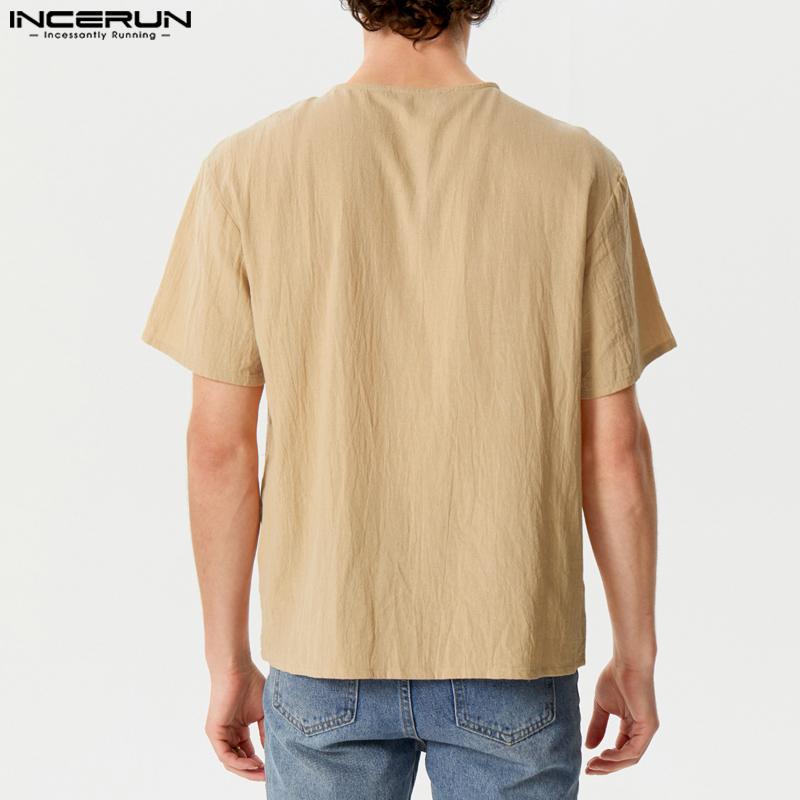 INCERUN Tricouri Topuri Casual de Vară pentru Bărbați Vintage cu Mânecă Scurtă, cu Șireturi la Gât, Culoare Solidă