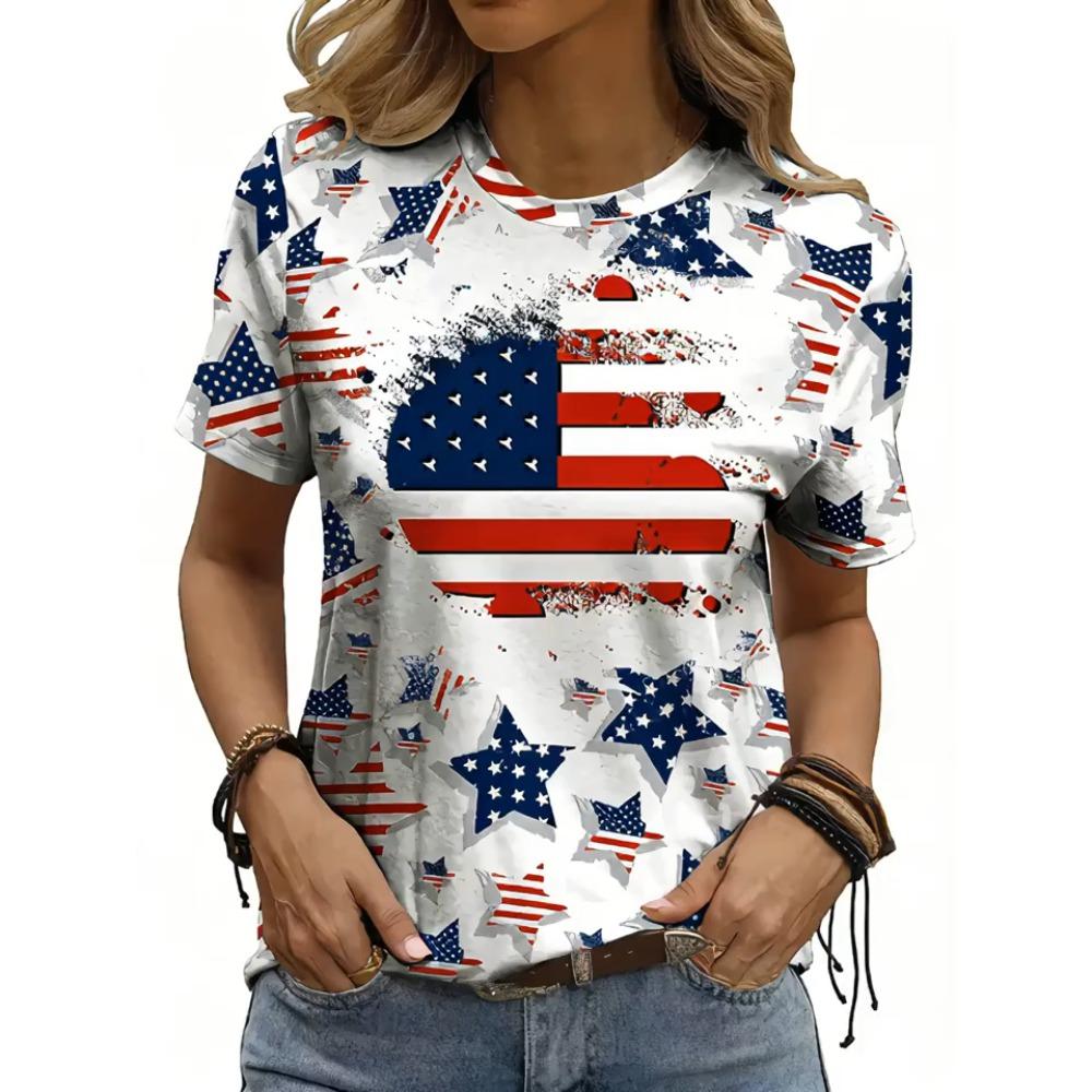 Women's American Flag & Bald Eagle Print T-Shirt Casual Short Sleeve Crew Neck Patriotic Graphic Tee for Summer