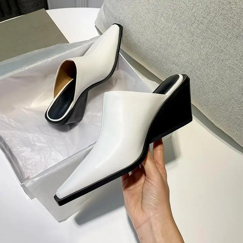 Shoes Woman Slippers Loafers Luxury Slides Female Women Shoes Cover Toe Square Heel on A Wedge Heeled Mules
