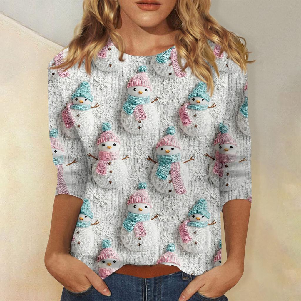 Women's Fashionable Casual Three-Quarter Sleeve Christmas Print Round Neck Top