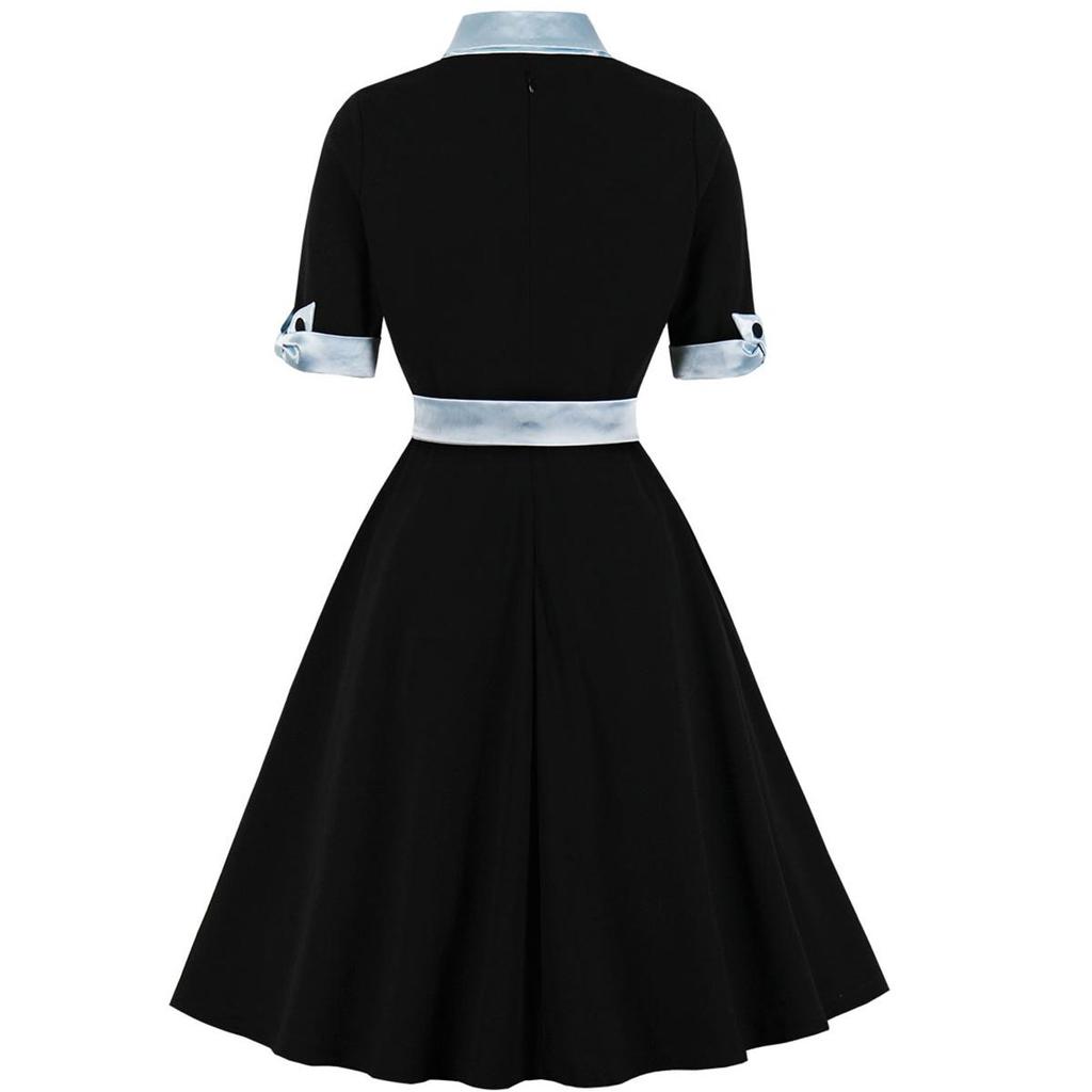 Swingové midi šaty z 50. let pro ženy s mašlí, výstřihem do V, 1/2 rukávy, pásek, střih a rozevření večerní šaty, dámy, příležitostný večírek Oblečení