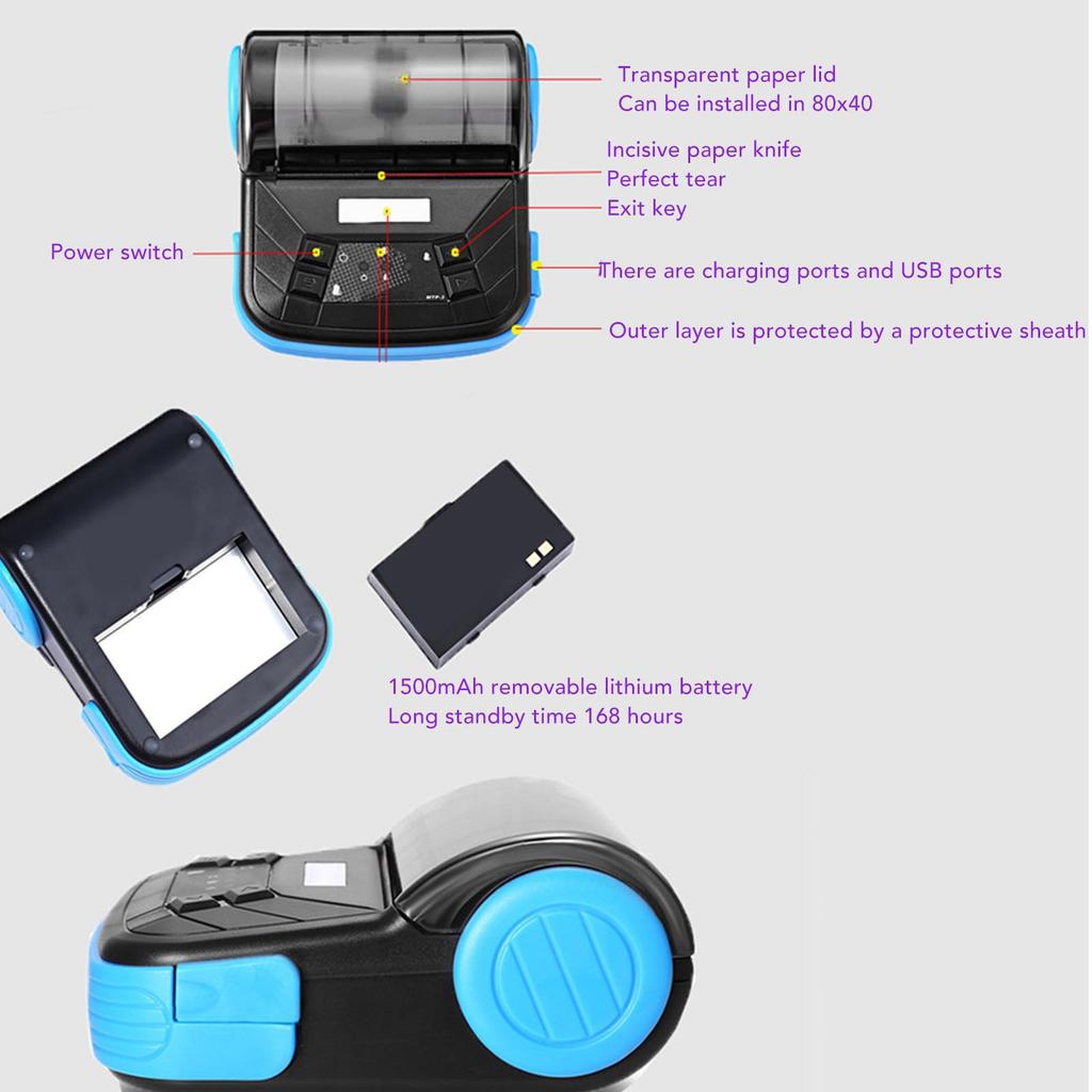 New 80mm Portable Thermal Bluetooth Printer Thermal Bluetooth Printer Mini Wireless Portablefor Receipt Ticket Bill Invoice POS