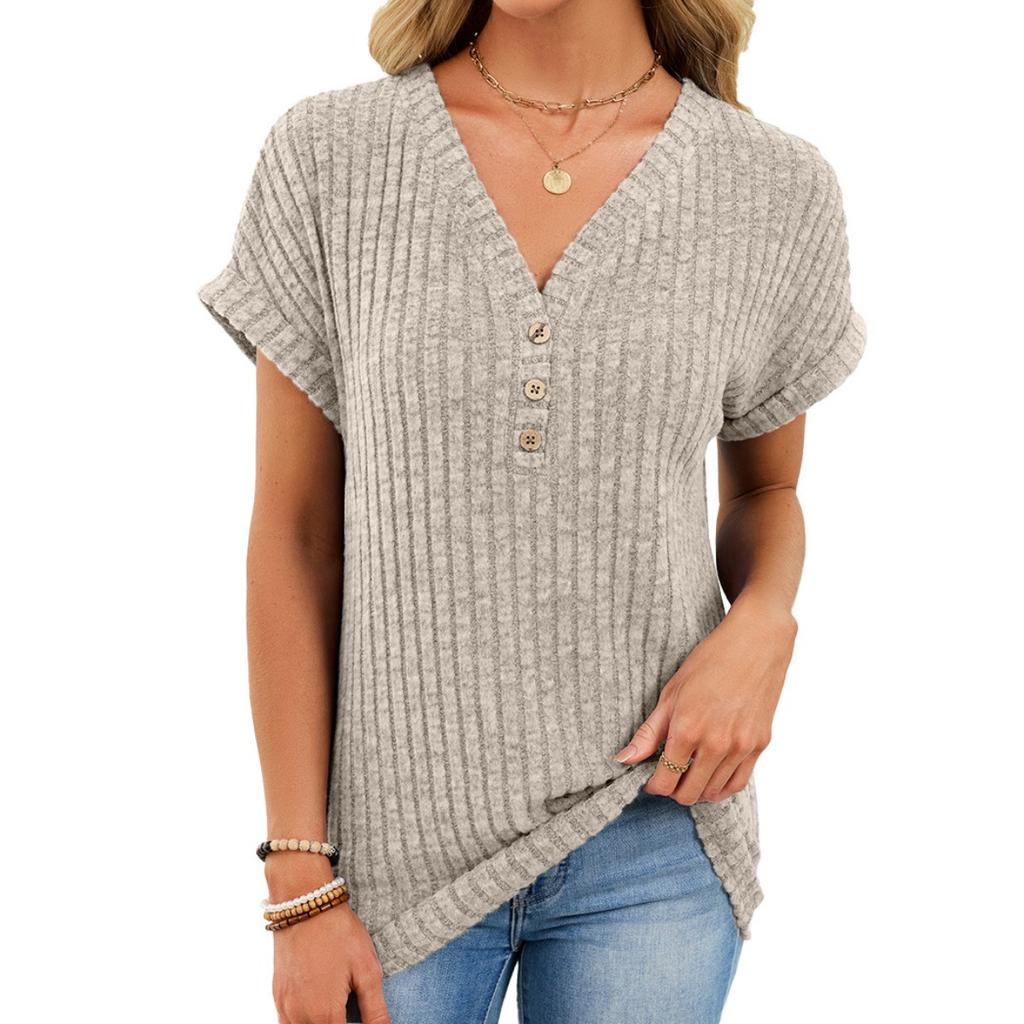 Summer Spring Women's Solid Color V-neck Button Short Sleeve Casual Knit T-shirt