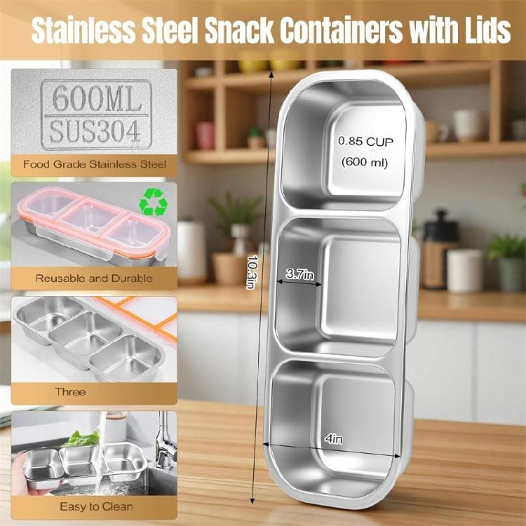 Mulftiunctional Stainless Meal Box With Separate Food Sections With  Lid Dishwasher Safe   For Travel School