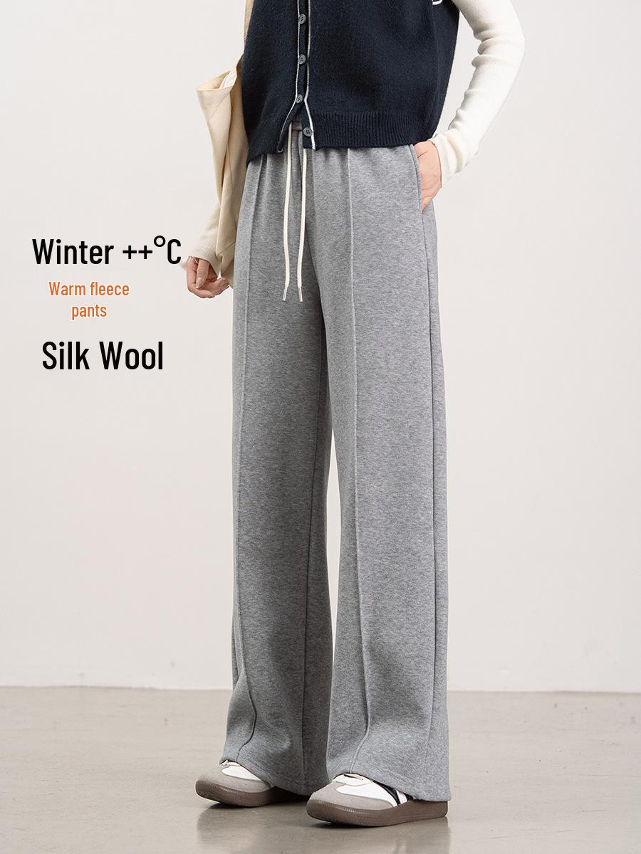 

Women s Wide-Leg Silk Wool Fleece-Lined Pants - 2025 Autumn/Winter Casual Slimming Velvet-Thickened Straight-Leg. Large