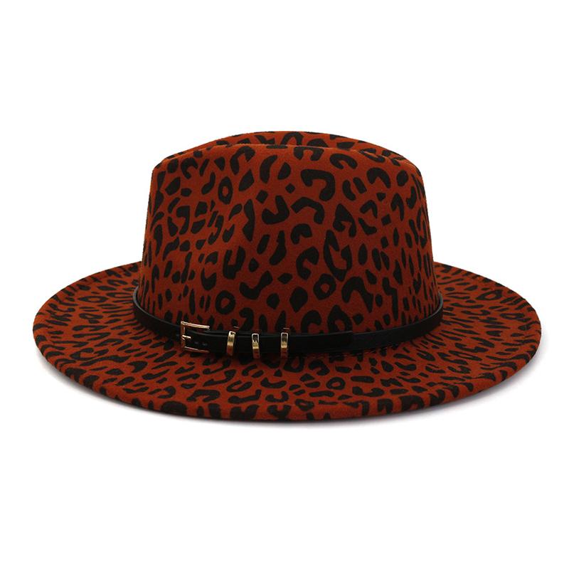 Wzcx Fashion Belt Flat Top Women Leopard Felt Hat Autumn Winter Casual Tide Personality Girls Jazz Hat Adult Cap