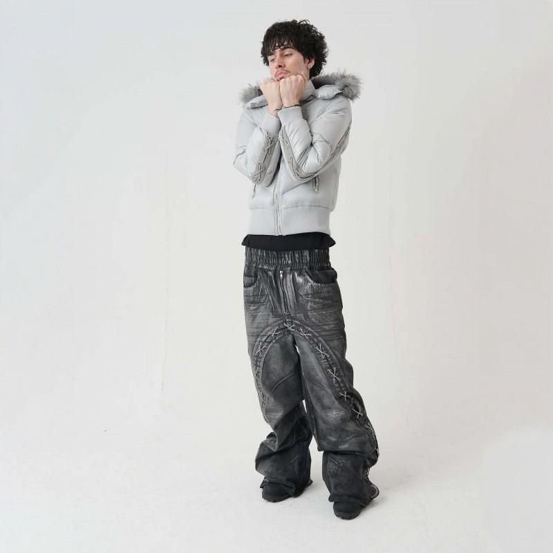 Street Hip Hop Letter Fleece Hooded Puffer Jacket Unisex Warm Winter Coat Loose Fit Teens