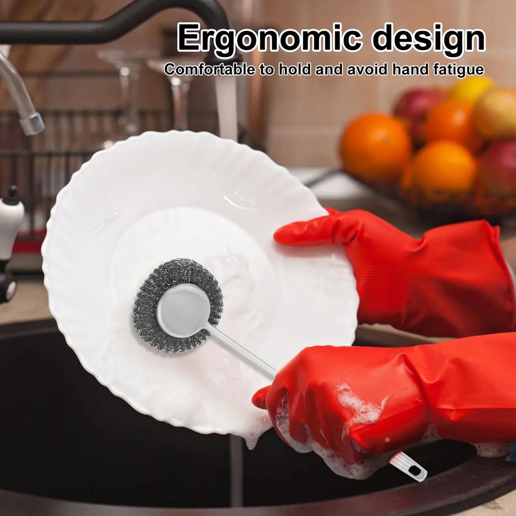 Steel Wool Scrubber with Handle & Replacement Stainless Wire Metal Sponge, for Cleaning Dishes Pan Cast Iron Pot and Kitchenware