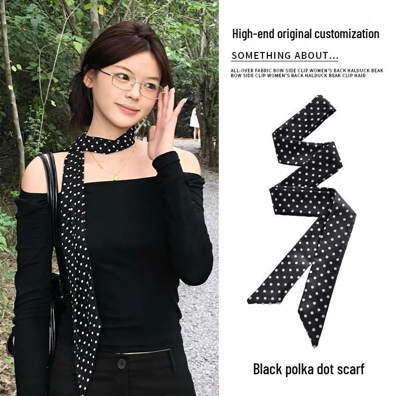 Women's French Retro Black Polka Dot Silk Scarf - 2025 High-End Layered Ribbon Hair Tie & Square Scarf Accessory